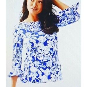 Lilly Pulitzer Waverly Ruffle 3/4 Sleeve Top Pretty PEAS Royal Blue Sz S